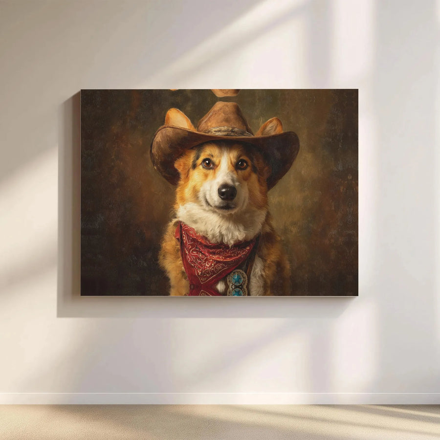 Cowboy Corgi Wall Art | Western Dog Portrait Oil Painting | Premium Gallery Wrap Canvas | Unique Gift for Dog Lovers & Ranch Home Decor