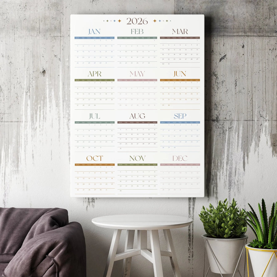 2026 Yearly Wall Calendar Canvas | Minimalist Monday Start Year at a Glance | Premium Fade-Resistant Gallery Print | Modern Home Office Decor Gift
