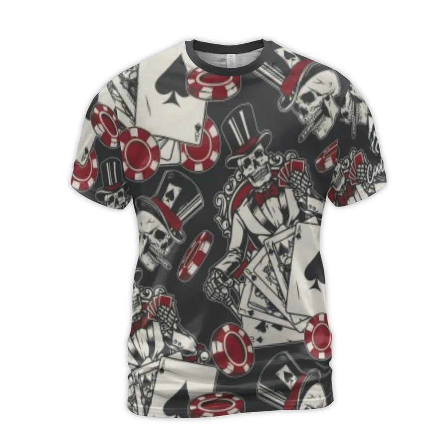 Poker Skeleton 3D T-Shirt | All-Over Print Graphic Casino Tee | Premium Polyester Spandex | Gift for Card Players & Gamblers