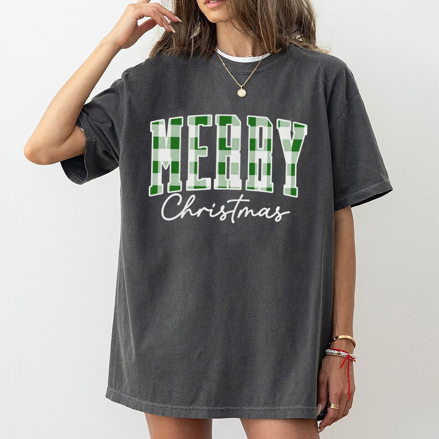 Merry Christmas T-Shirt | Green Plaid Buffalo Check Graphic | 100% Premium Cotton | Festive Holiday Gift for Family and Friends