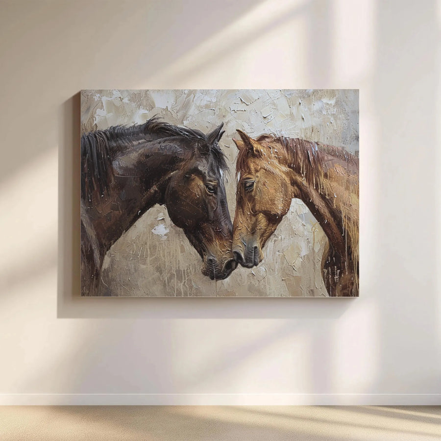 Two Horses Canvas Wall Art | Touching Noses Equestrian Oil Painting | Premium Gallery Wrapped Decor | Gift for Horse Lovers