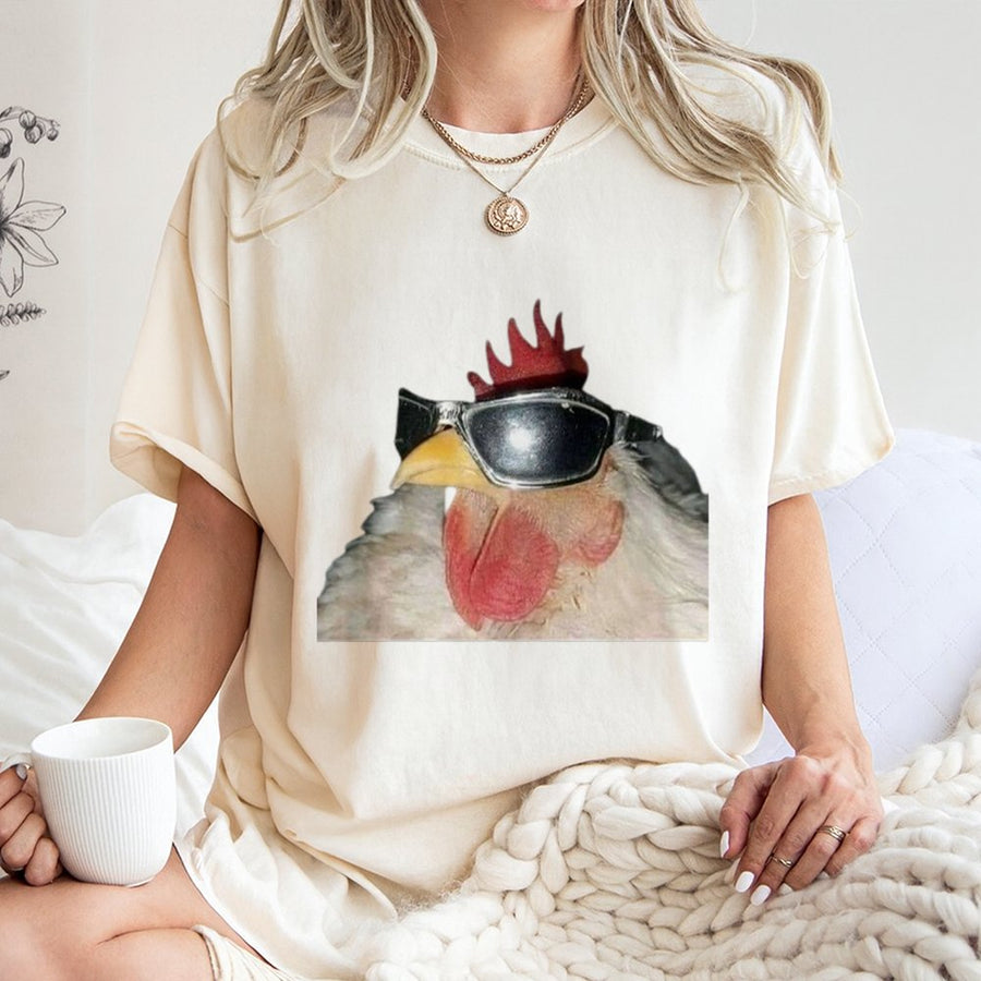 Funny Chicken T-Shirt | Cool Rooster Wearing Sunglasses Graphic | 100% Soft Cotton Tee | Humorous Animal Meme Gift for Men and Women