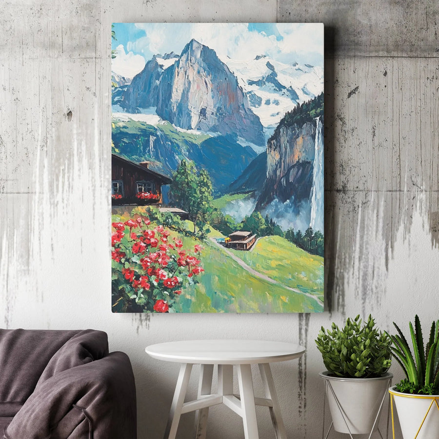 Swiss Alps Mountain Landscape Vertical Canvas | Rustic Chalet & Wildflowers Impressionist Painting Art | Premium 1.25" Thick Gallery Wrap Print | Nature Lover Cozy Home Wall Decor