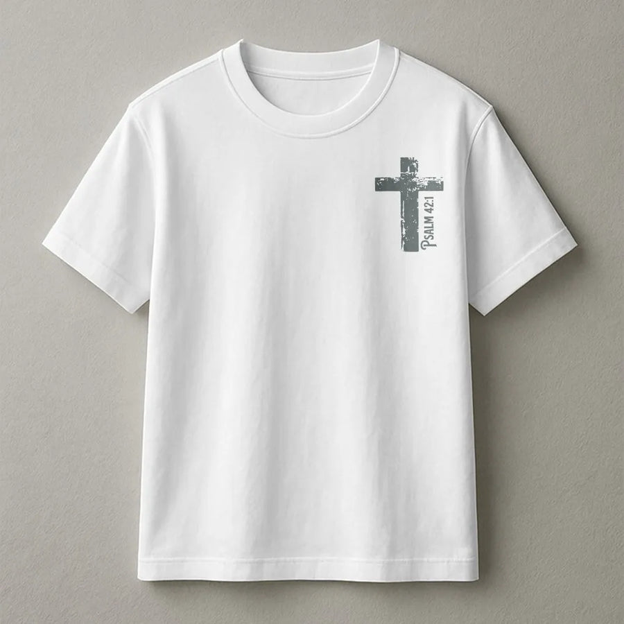 Christian Hunter T-Shirt | Distressed Cross with Psalm 42:1 | Premium Cotton Blend | Religious Gift for Men, Dad, Outdoorsman