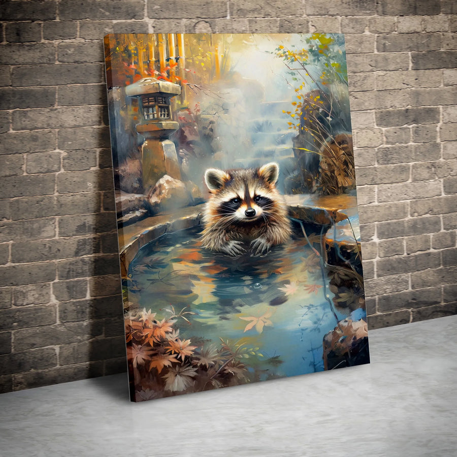 Raccoon Canvas Wall Art | Japanese Onsen Hot Spring Bathing Aesthetic | Premium Fade-Resistant Gallery Wrap | Whimsical Animal Nature Decor Gift