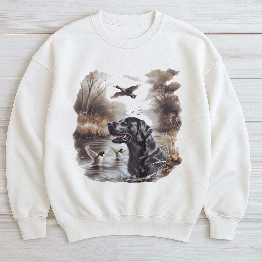 Black Labrador Sweatshirt | Watercolor Hunting Dog Mallard Ducks Art | Premium Unisex Pullover | Wildlife Nature Lover Gift