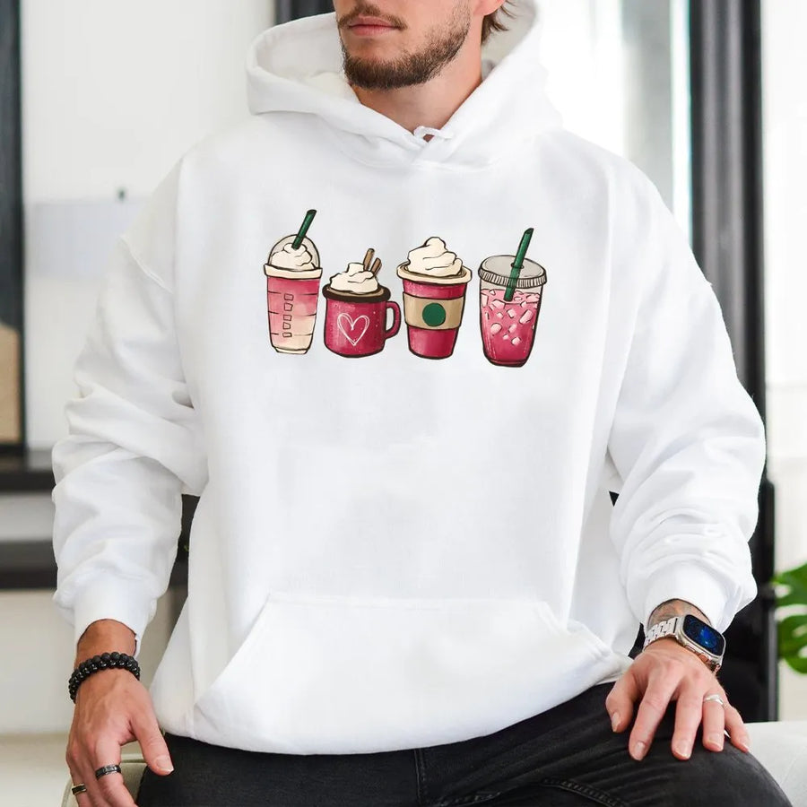 Valentine Coffee Hoodie | Cute Heart Drink Illustration | Premium Cotton Blend Sweatshirt | Valentine's Day Gift For Her