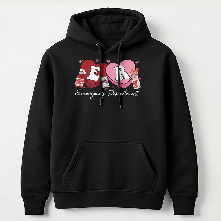 ER Nurse Hoodie | Candy Heart Medical Design | Premium Cotton Blend | Valentine's Day Gift for Emergency Department Nurses