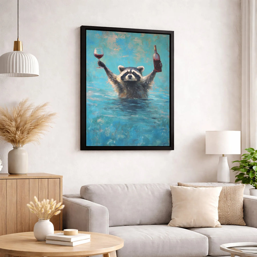 Raccoon Wall Art | Funny Wine Lover Painting | Gallery Quality Canvas Print | Whimsical Animal Home Decor Gift