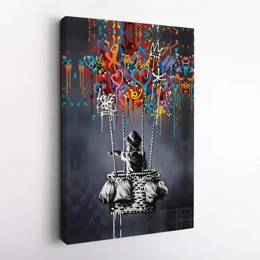 Street Art Canvas Print | Graffiti Hot Air Balloon Child | Premium Gallery Wrap Wall Decor | Modern Urban Art Gift for Home Office