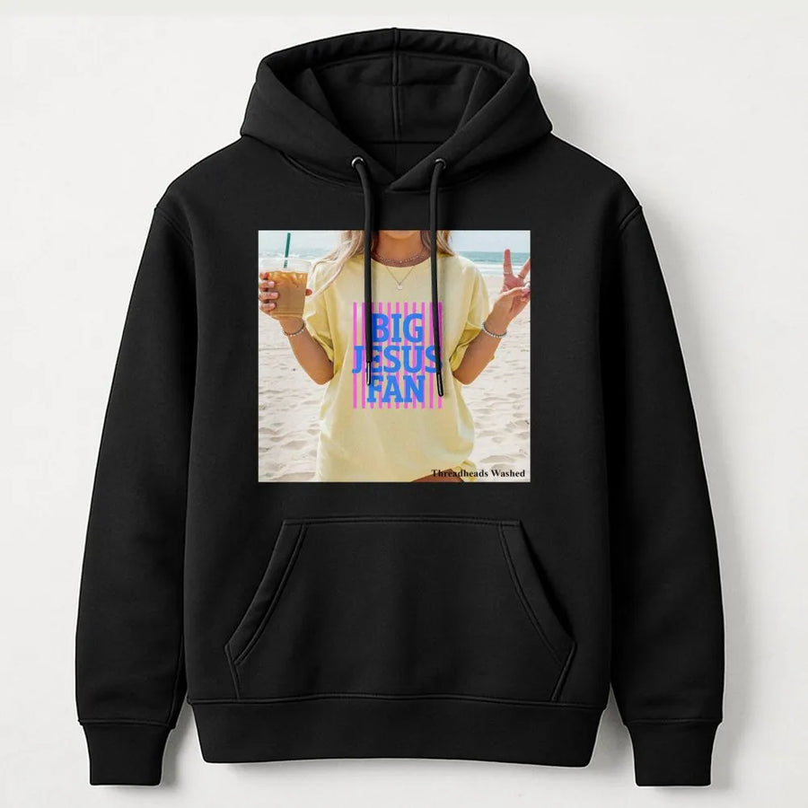 Big Jesus Fan Hoodie | Preppy Striped Christian Graphic | Premium Cotton Blend | Inspirational Faith Gift for Women