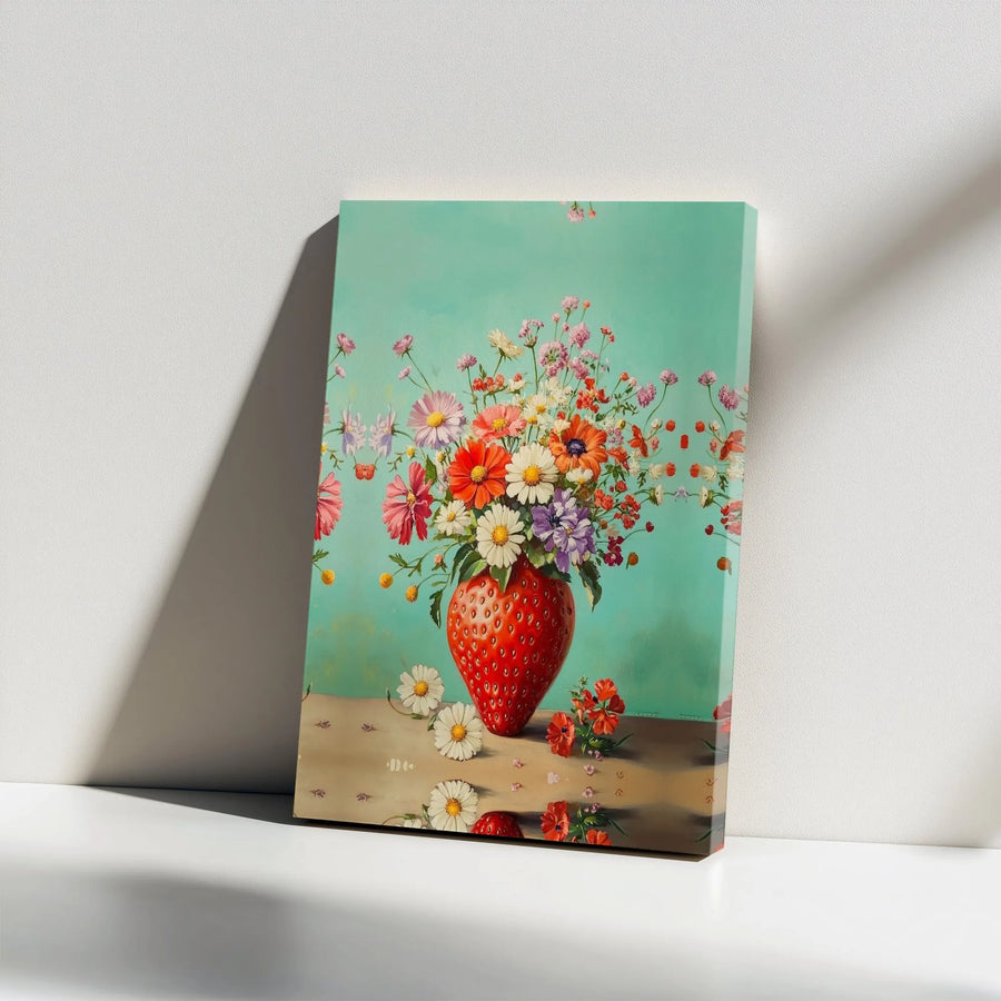 Strawberry Vase Canvas Wall Art | Whimsical Wildflower Bouquet in Fruit Vase | Premium Frameless Canvas Print | Unique Kitchen & Dining Room Decor Gift