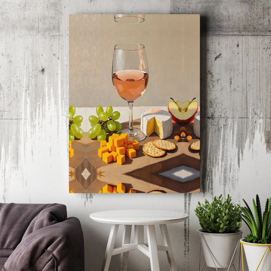 Still Life Wine And Cheese Canvas Print | Elegant Rosé Grapes Charcuterie Board Art | Premium Fade-Resistant Decor | Kitchen And Dining Wall Gift