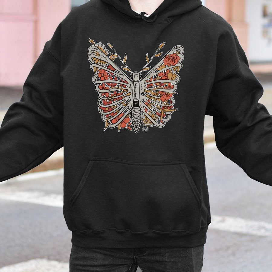 Skeleton Butterfly Hoodie | Floral Ribcage Graphic Art | Premium Cotton Blend | Aesthetic Gothic Nature Gift for Women and Men