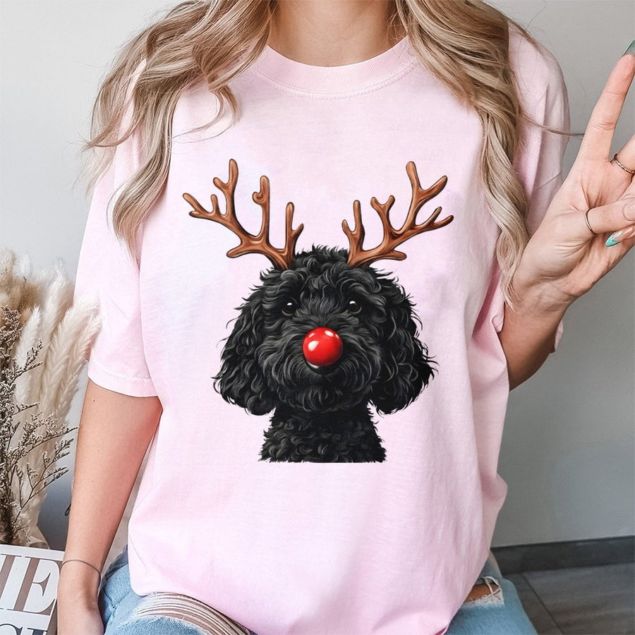 Goldendoodle Christmas T-Shirt | Reindeer Antlers & Red Nose Graphic | Premium 100% Cotton | Funny Holiday Gift for Doodle Dog Lovers