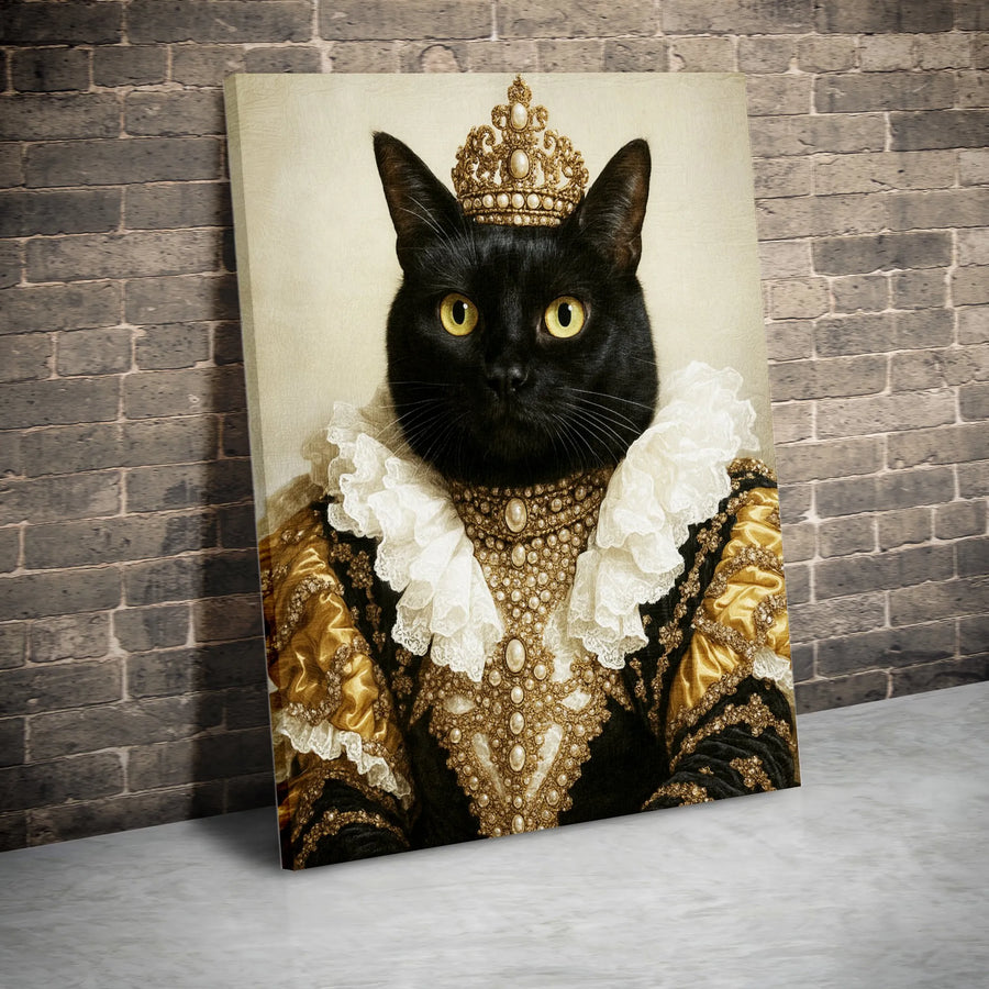Royal Queen Black Cat Canvas Wall Art | Regal Renaissance Pet Portrait | Premium Gallery Wrap Print | Unique Gift for Cat Lovers & Decor