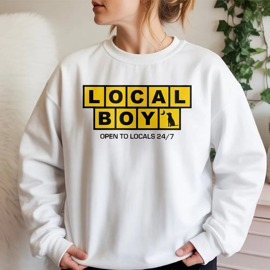 Local Boy Sweatshirt | Funny Retro Typography Design | Premium Cotton Blend Crewneck | Trendy Streetwear Gift for Men and Women