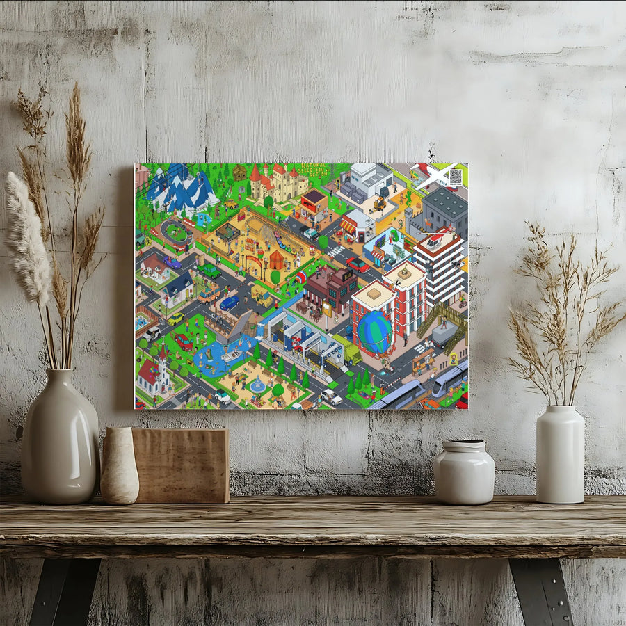 Isometric Cityscape Canvas | Natural Selection Pixel Art Print | Premium 1.25" Gallery Wrap | Unique Home Decor Gift For Gamers