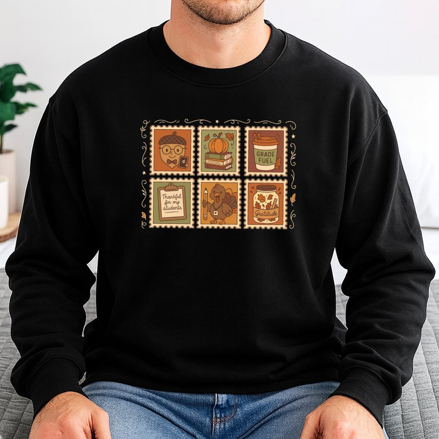 Thankful Teacher Sweatshirt | Thanksgiving Stamp Design Graphic | Premium Cotton Blend Cozy Crewneck | Fall Educator Appreciation Gift
