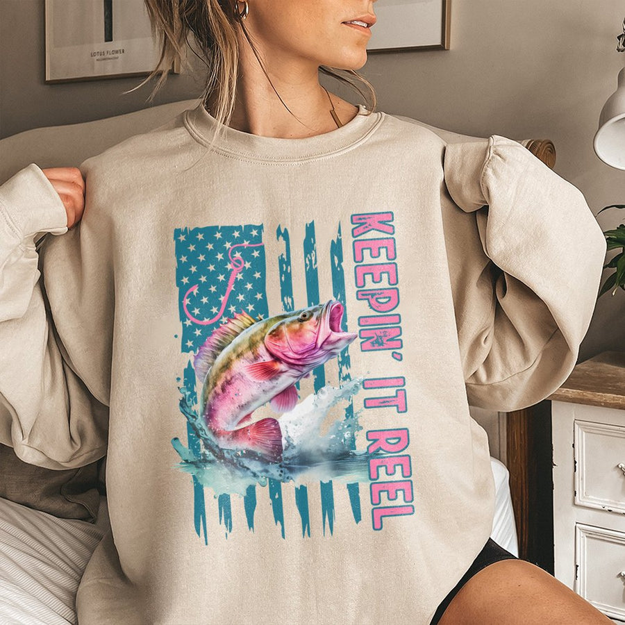 Keepin' It Reel Fishing Sweatshirt | Patriotic Bass Fish Graphic | Premium Cotton-Blend Pullover | Gift for Anglers & Lake Life Enthusiasts