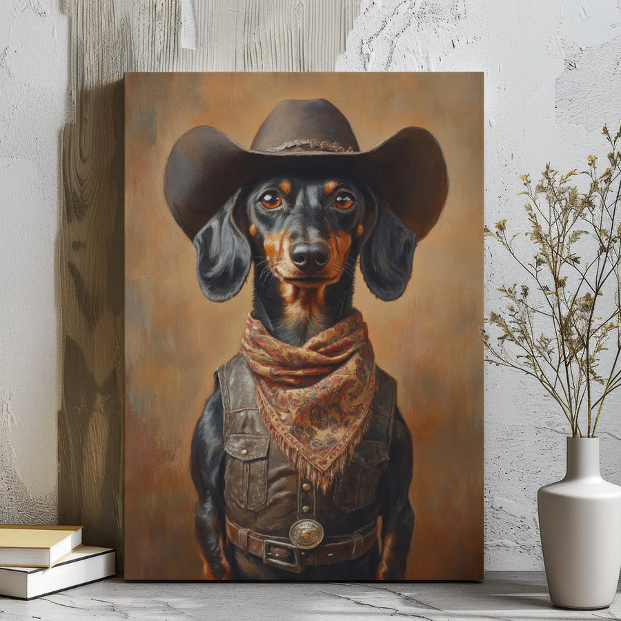 Dachshund Cowboy Canvas Wall Art | Funny Western Dog Portrait | Premium 1.25" Gallery Wrap | Unique Gift for Dog Lovers