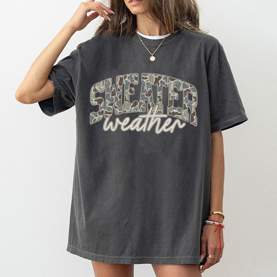 Sweater Weather Graphic T-Shirt | Camo Print Fall Typography | 100% Cotton Premium Tee | Cute Autumn Season Gift for Women and Men