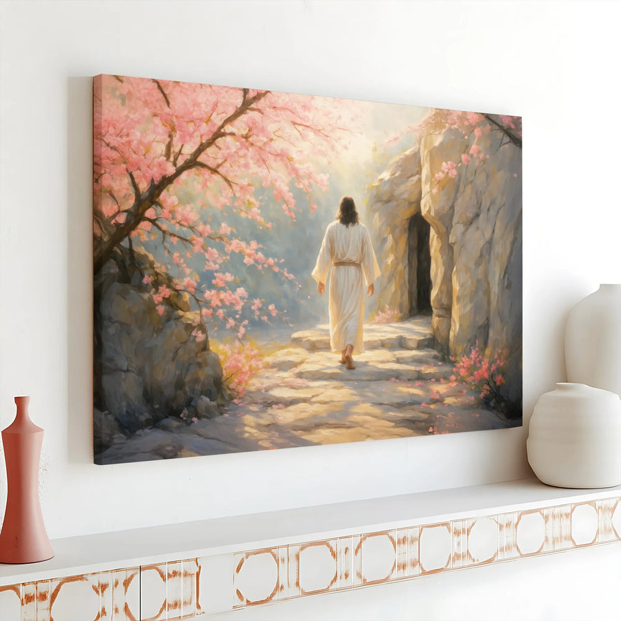 Jesus Resurrection Canvas Art | Empty Tomb Painting with Cherry Blossoms | Premium Canvas Print | Inspirational Christian Home Decor Gift