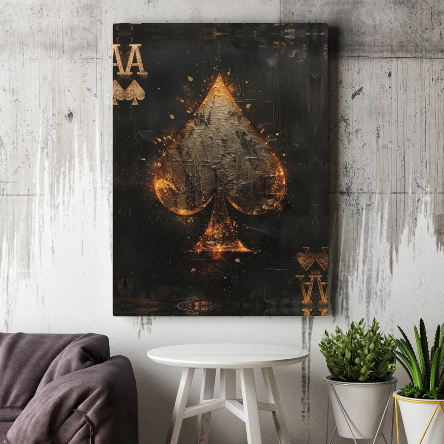 Ace of Spades Vertical Canvas Wall Art | Dark Grunge Playing Card Design with Gold Glow | Premium 1.25" Gallery Wrap | Cool Poker Room Decor, Man Cave Gift