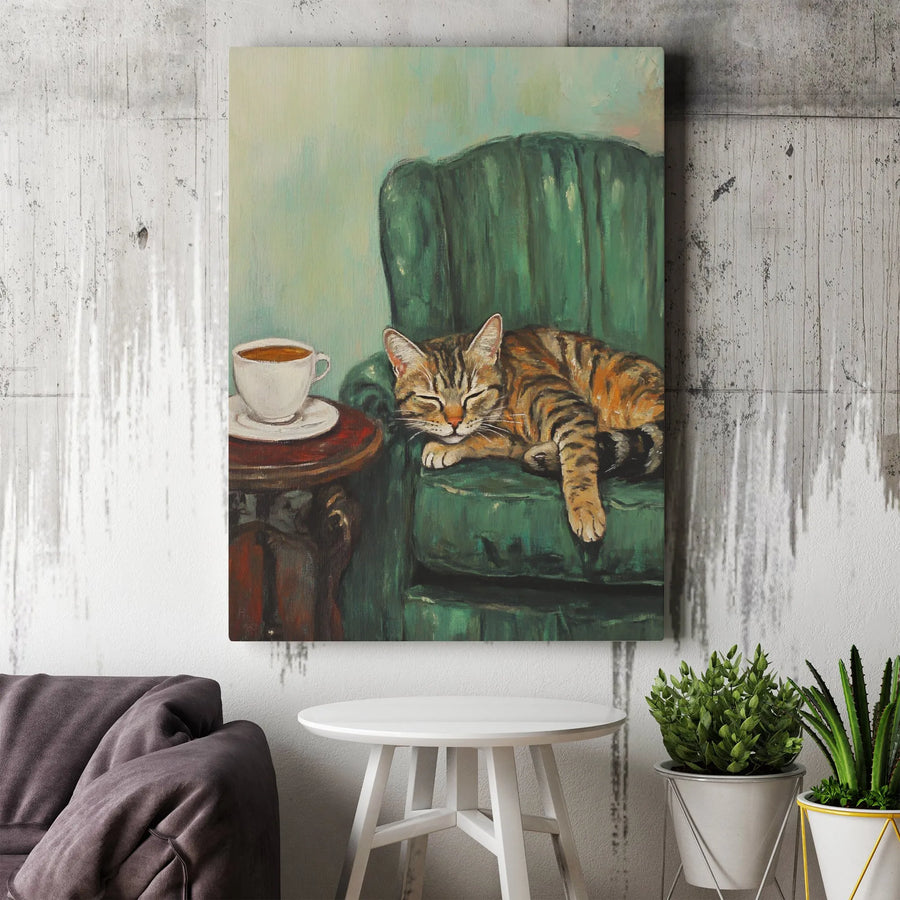 Cozy Cat Canvas Wall Art | Sleeping Tabby on Green Chair | Gallery Quality Print | Gift for Cat Lovers & Home Decor