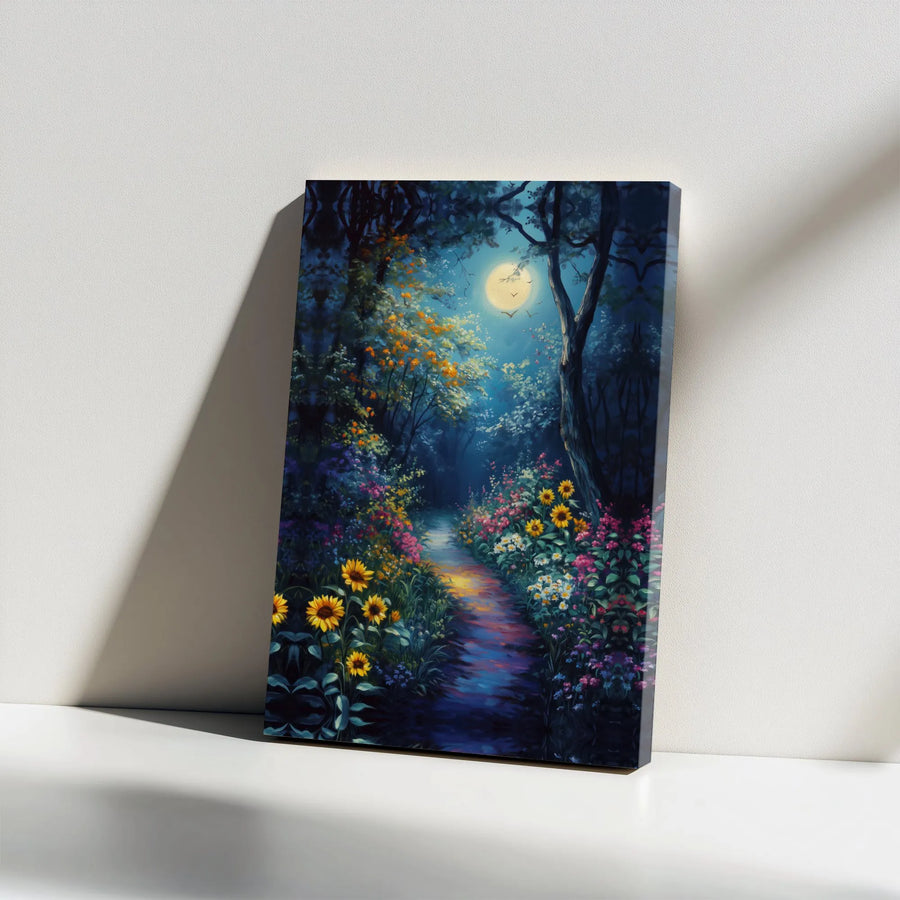 Enchanted Forest Canvas Wall Art | Moonlight Sunflower Path | Premium Gallery Wrap | Nature-Inspired Home Decor Gift