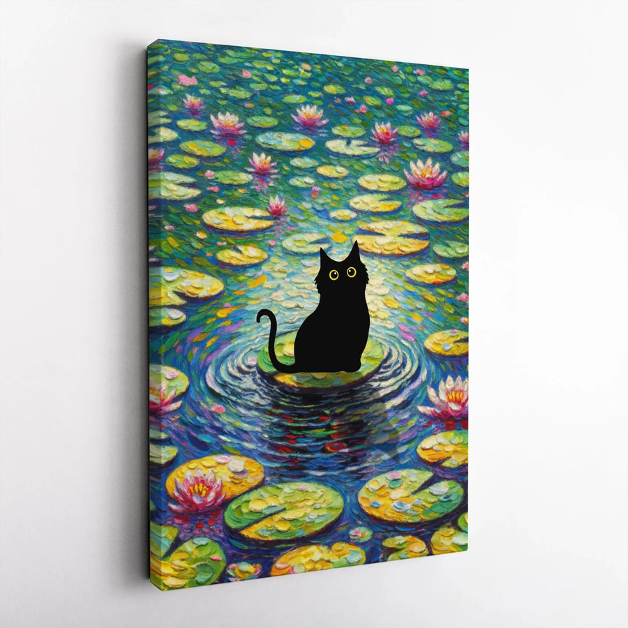 Black Cat Canvas Wall Art | Impressionist Water Lily Pond Print | Premium Fade-Resistant Gallery Wrap | Whimsical Animal Decor Gift for Cat Lovers