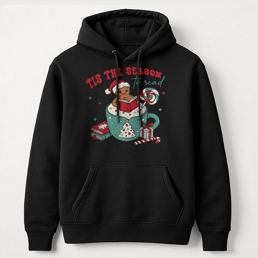 Tis The Season To Read Hoodie | Cute Gingerbread Reading Bookish Graphic | Premium Cotton Blend Sweatshirt | Christmas Gift For Book Lovers