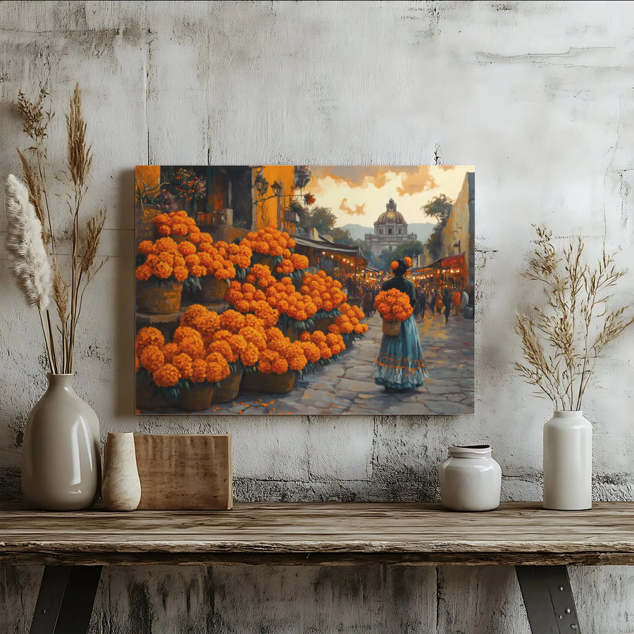 Dia De Los Muertos Canvas Wall Art | Mexican Marigold Market Painting | Premium Gallery-Wrapped Print | Cultural Home Decor Gift