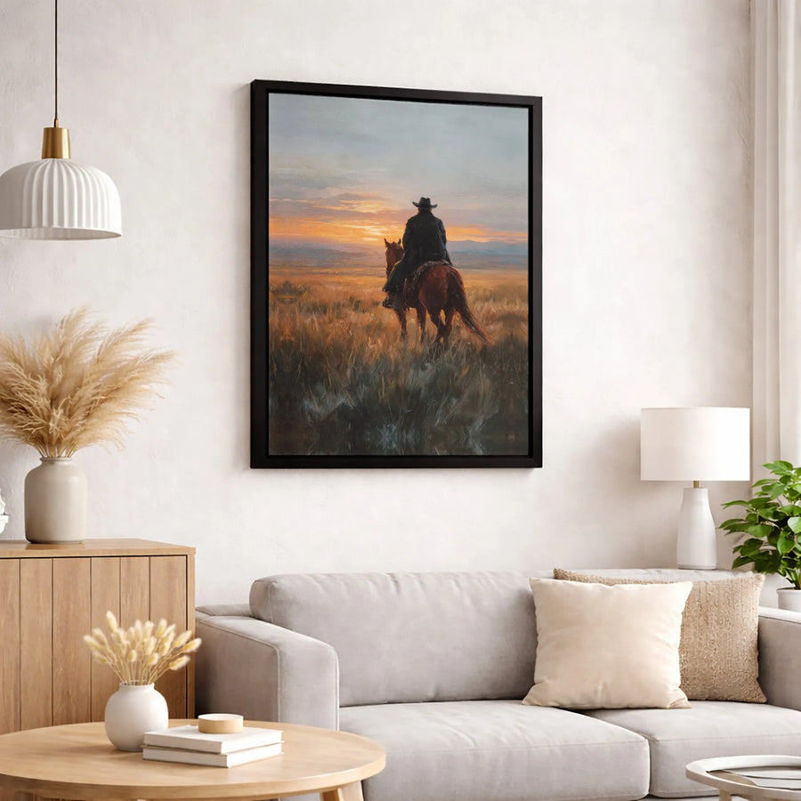 Western Cowboy Wall Art | Sunset Horseback Riding Canvas | Premium Gallery Wrapped Print | Rustic Home Decor Gift for Him