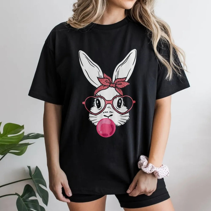 Easter Bunny T-Shirt | Cute Rabbit With Bubble Gum And Heart Glasses | Premium 100% Cotton Tee | Fun Spring Holiday Gift For Women And Kids