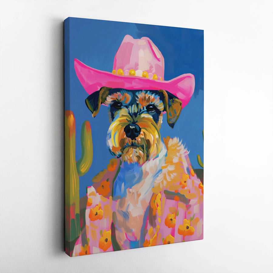 Schnauzer Cowboy Dog Canvas Wall Art | Colorful Western Pop Art Print | 1.25-Inch Premium Gallery Wrap | Unique Dog Lover Gift Home Decor