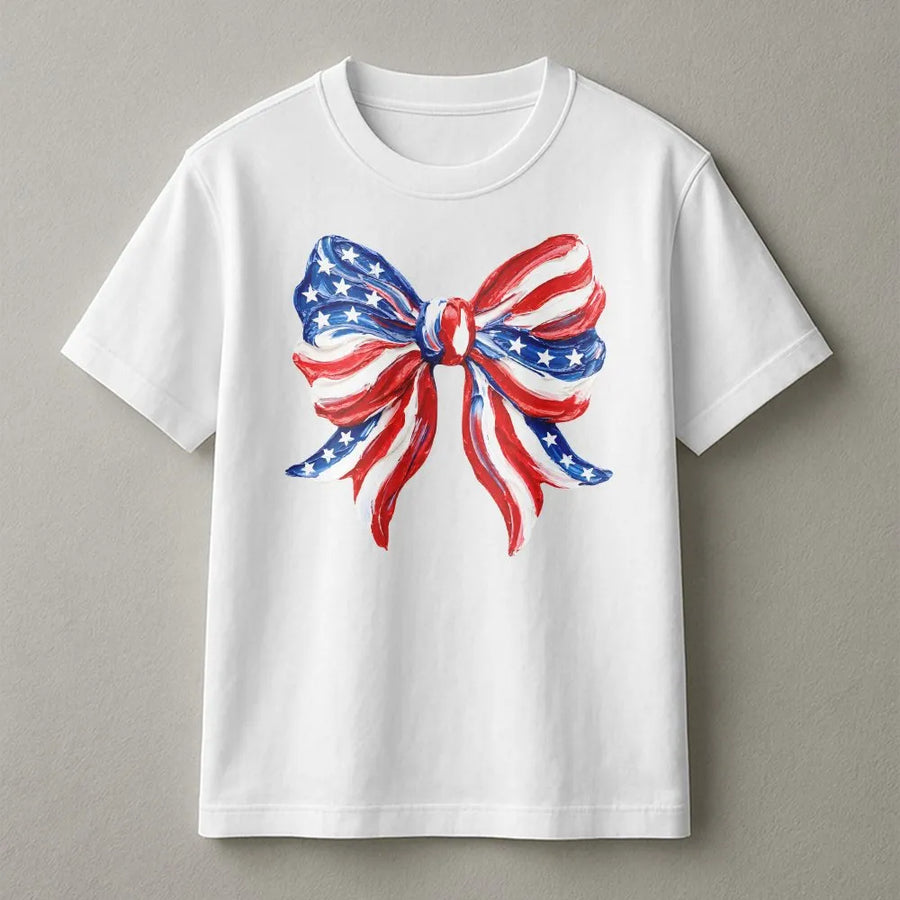 Patriotic Bow T-Shirt | Coquette USA Flag Graphic | Soft Cotton Blend Crewneck | 4th of July Gift for Her