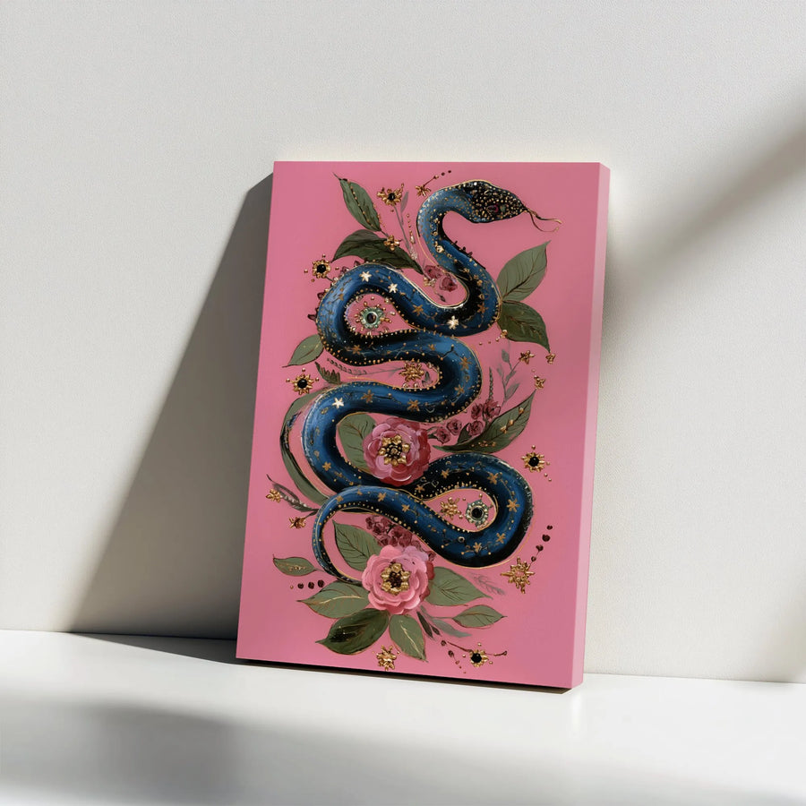 Celestial Serpent Canvas | Jeweled Botanical Snake Art | Premium Thick Gallery Wrap | Witchy Boho Home Decor Gift