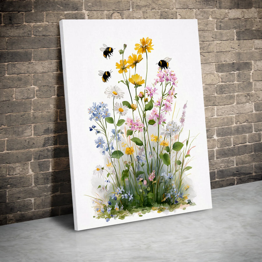 Wildflower and Bee Vertical Canvas | Watercolor Botanical Meadow Print | Premium Gallery Wrap Wall Art | Nature Lover Gift for Home Decor