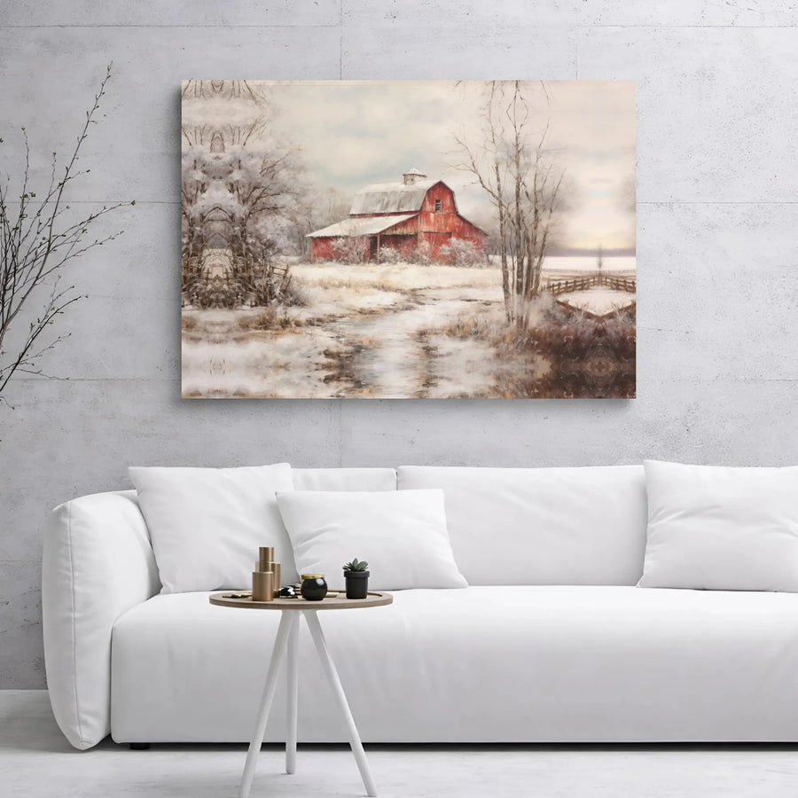 Rustic Red Barn Canvas Art | Snowy Winter Landscape Print | Premium 1.25 Inch Gallery Wrap | Farmhouse Wall Decor Gift For Country Home