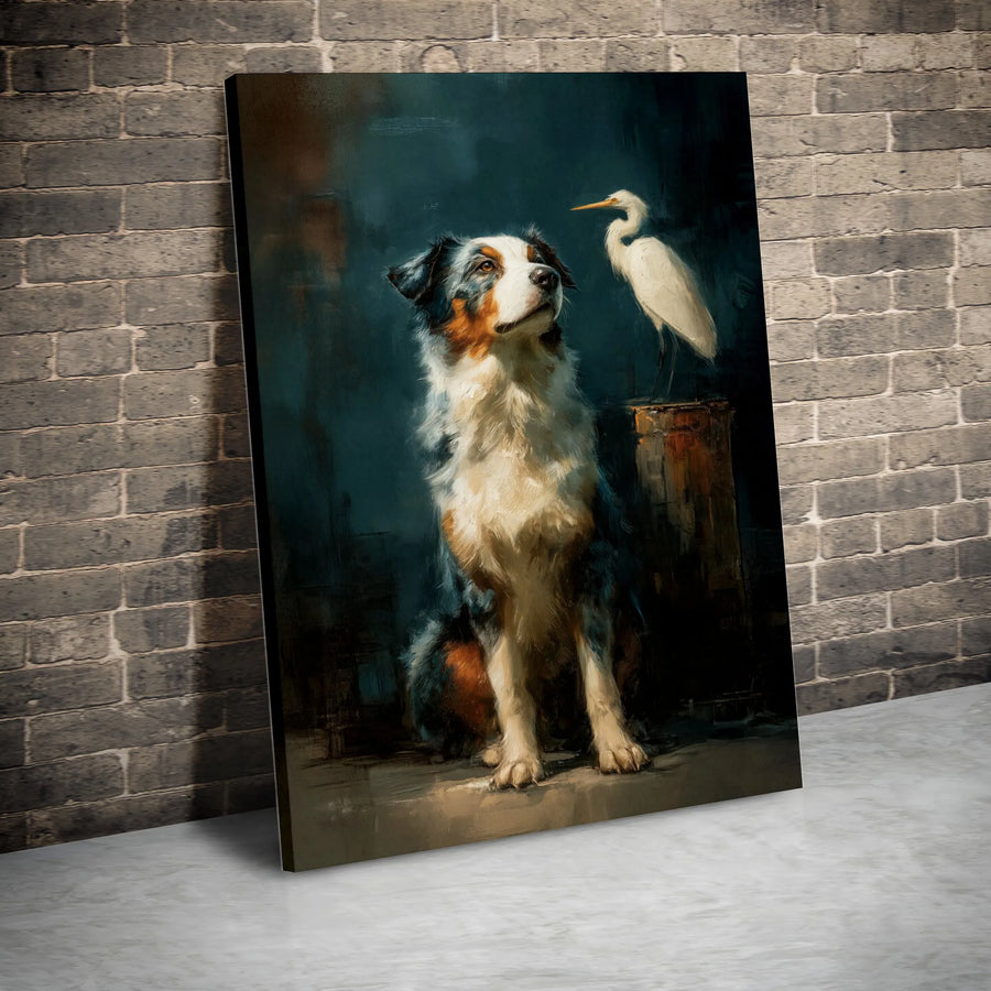 Australian Shepherd Art Canvas | Impressionist Dog and Egret Oil Painting Style | Premium Gallery Wrap Wall Decor | Nature Lover Living Room Gift
