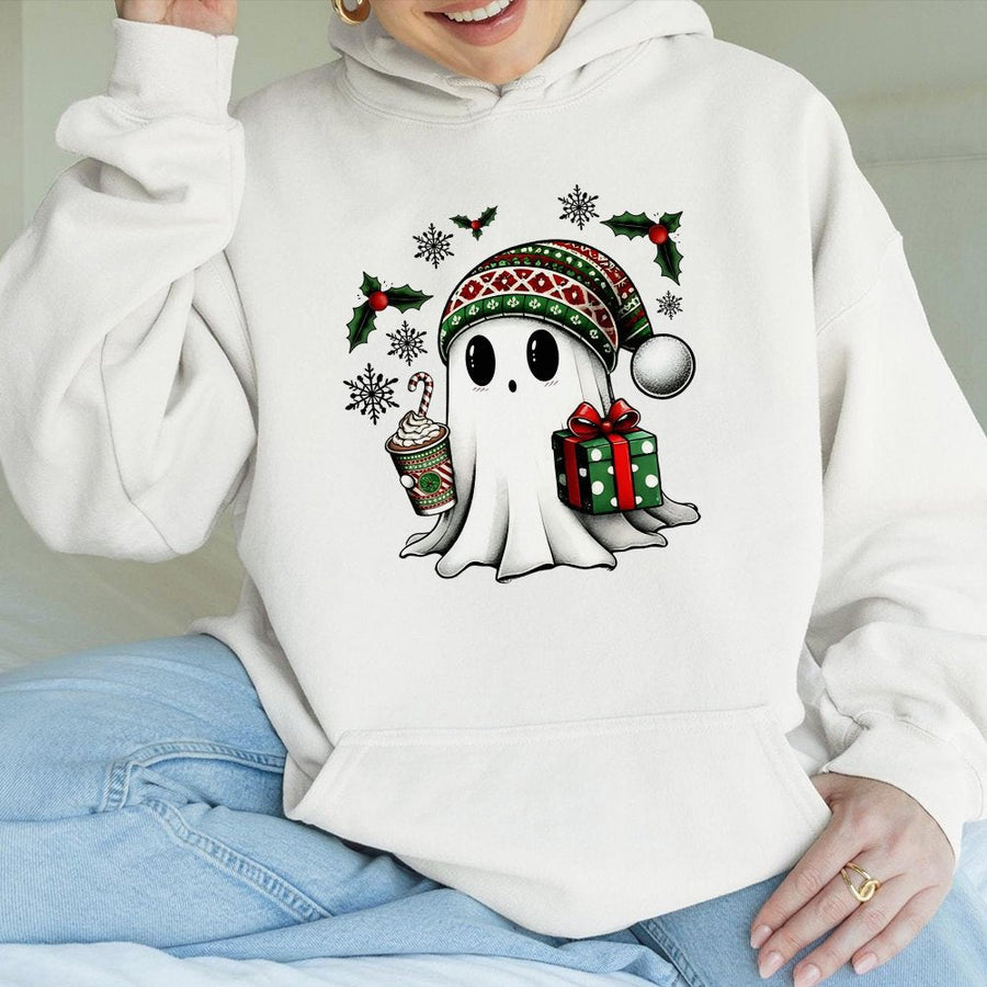 Christmas Ghost Hoodie | Cute Holiday Spooky Spirit Graphic | Cotton-Poly Blend Premium Apparel | Unisex Gift For Xmas Lovers