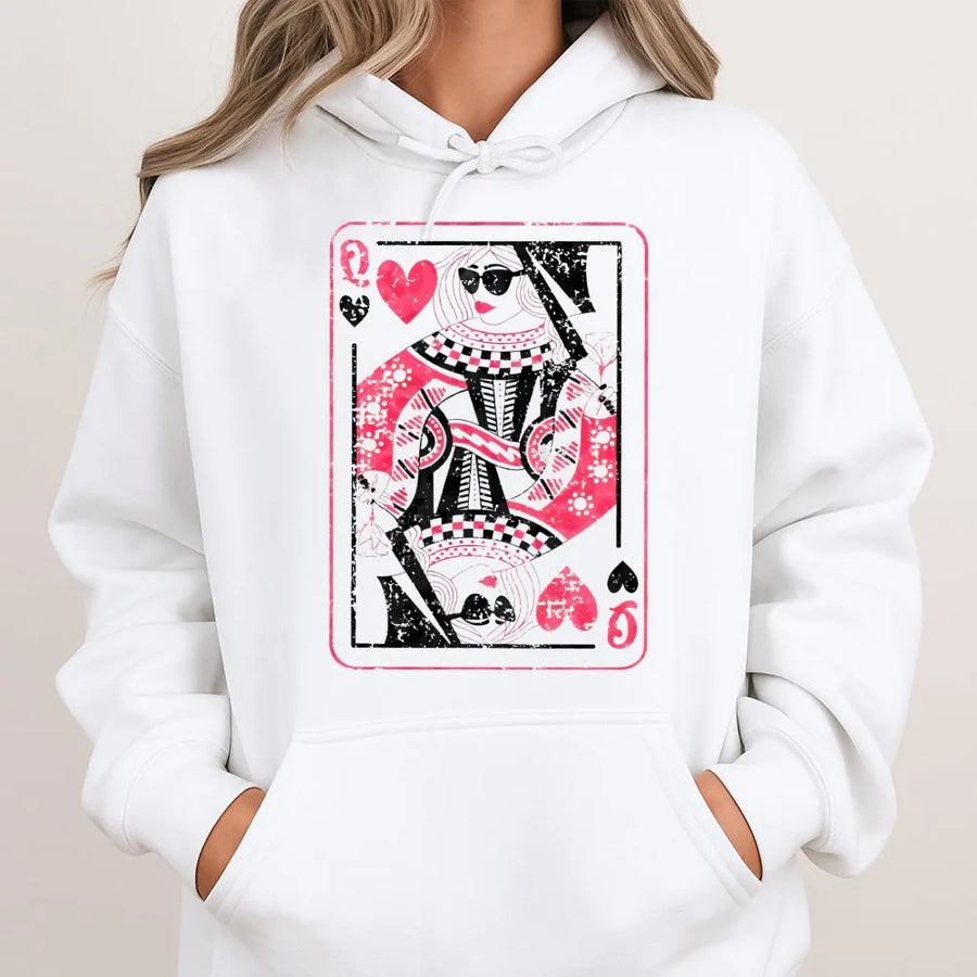 Queen of Hearts Playing Card Hoodie | Pink Distressed Graphic Print | Premium Soft Cotton Blend | Aesthetic Valentine Gift for Her