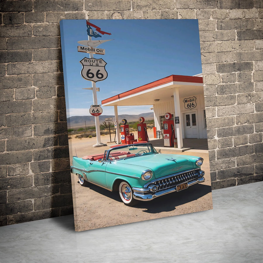 Route 66 Classic Car Canvas Wall Art | Vintage Turquoise Convertible Gas Station Print | Premium 1.25 Inch Gallery Wrap | Americana Decor for Man Cave