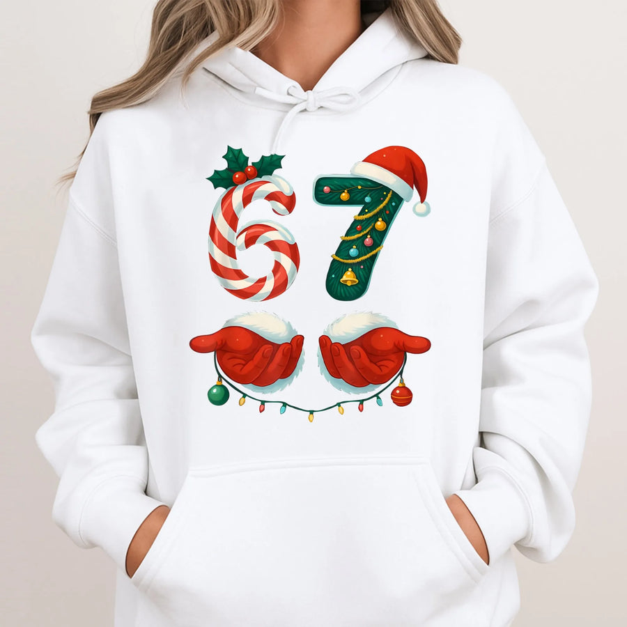 67 Christmas Hoodie | Festive Candy Cane Design | Soft Cotton-Poly Blend | Funny Holiday Meme Gift for Gen Alpha and Teens