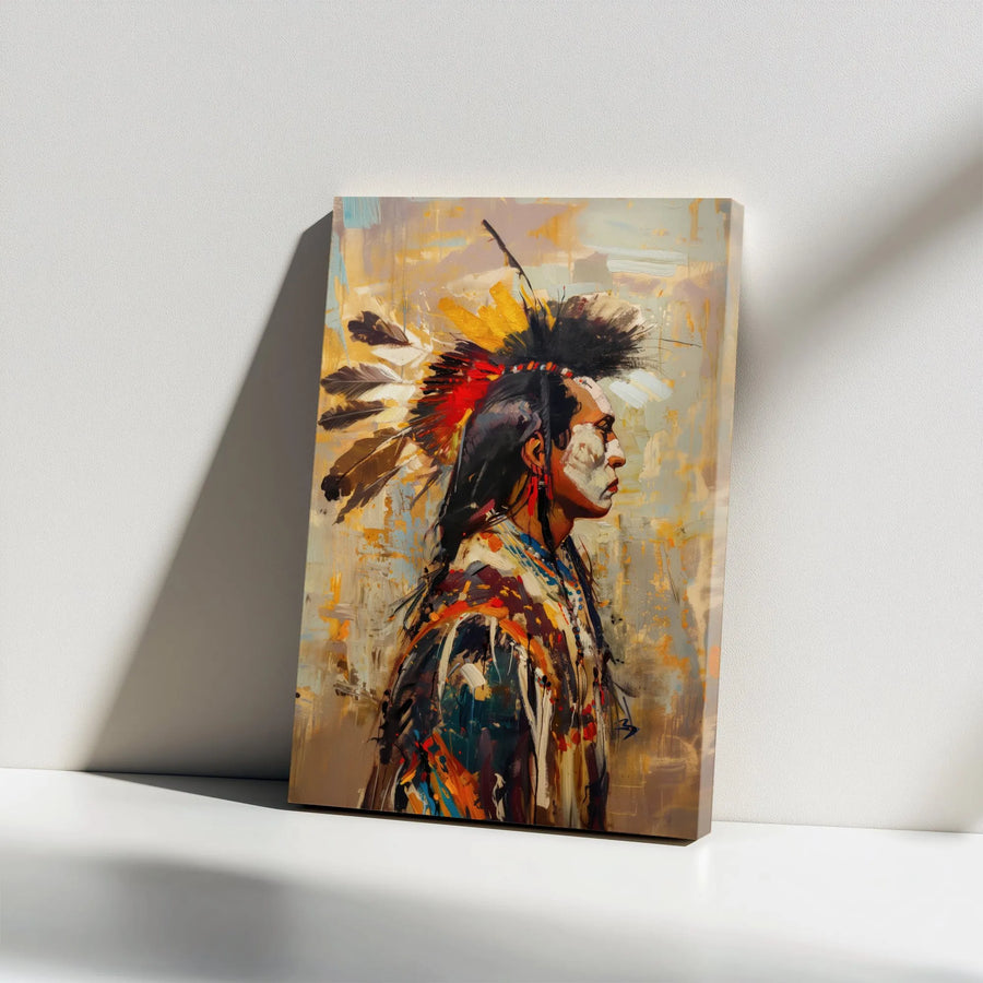 Indigenous Warrior Vertical Canvas | Abstract Portrait with Feather Headdress | Premium Gallery Wrap Wall Art | Western Home Decor Collector's Gift