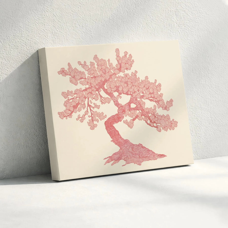 Pink Bonsai Tree Wall Art | Minimalist Line Drawing Print | Premium Gallery Wrapped Canvas | Zen Home Decor for Living Room