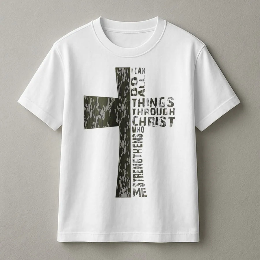Christian Cross T-Shirt | Philippians 4:13 Bible Verse Camo Design | 100% Cotton Premium Tee | Inspirational Religious Gift for Men and Women