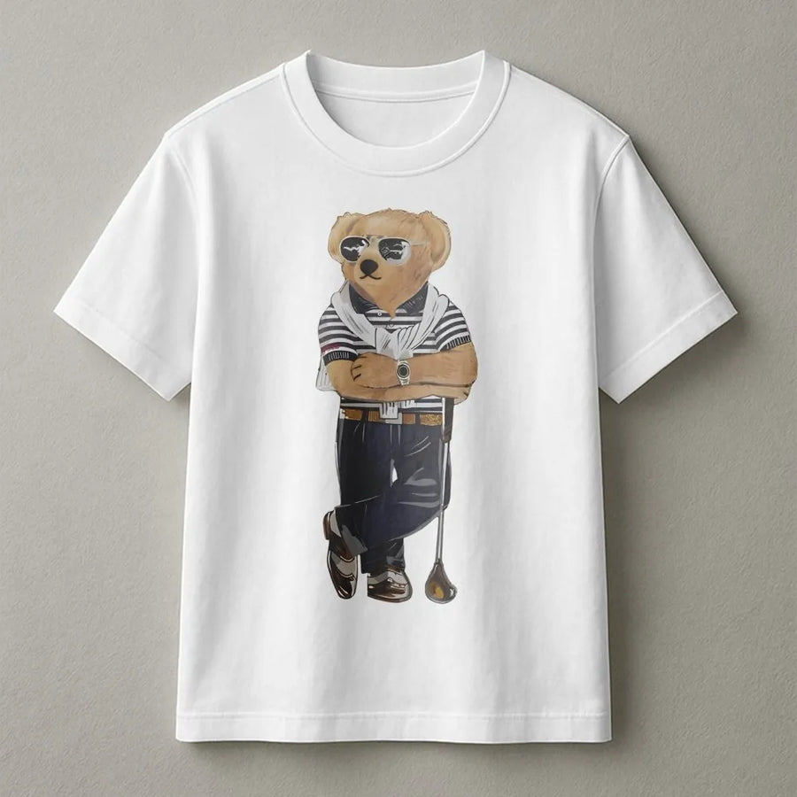 Golf Bear Graphic T-Shirt | Preppy Polo Style Golfer Illustration | Premium Soft Cotton Tee | Perfect Golf Gift For Men And Women