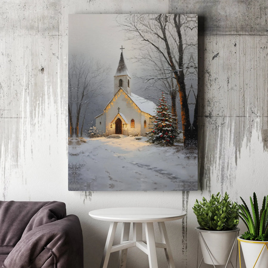 Winter Church Canvas Art | Snowy Christmas Landscape Print | Premium Gallery Wrap Wall Decor | Religious Holiday Home Gift